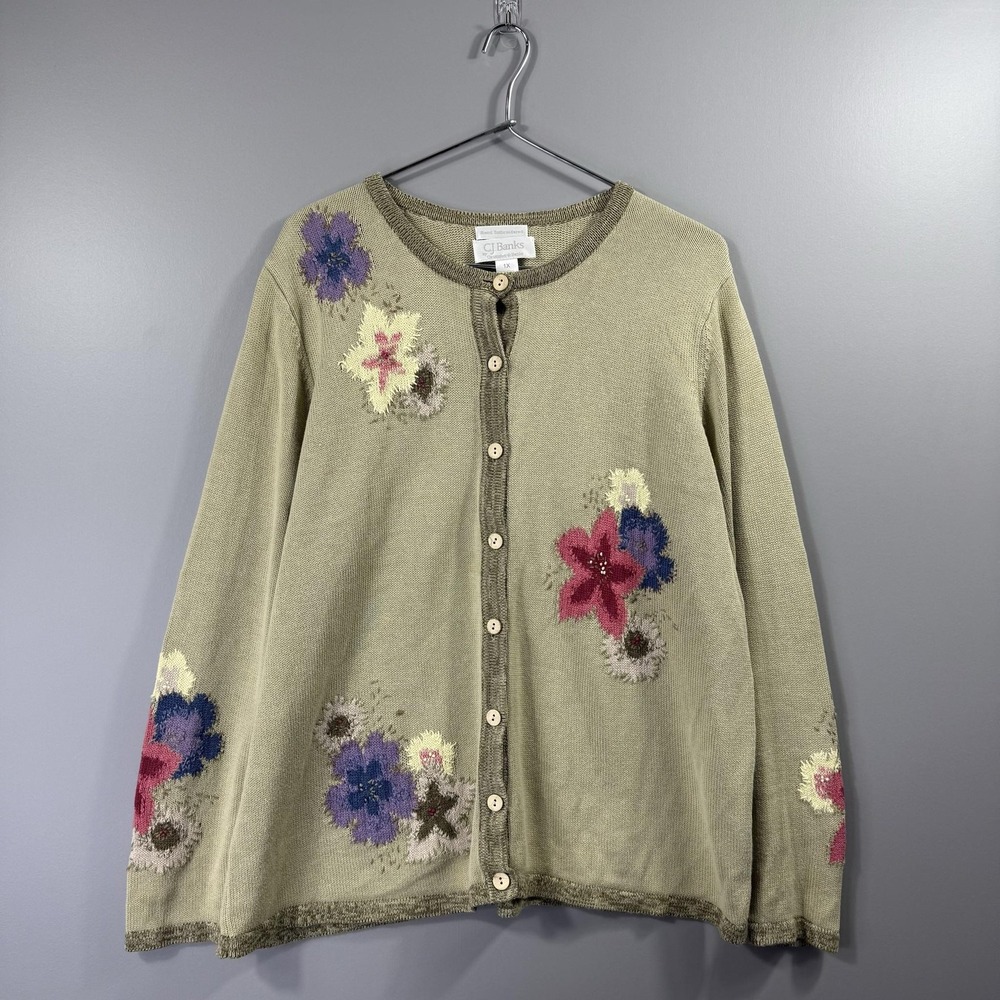 CJ Banks Grandma Core Sweater Womens 1X Green Hand Embroidered Floral Knit